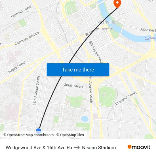 Wedgewood Ave & 16th Ave Eb to Nissan Stadium map