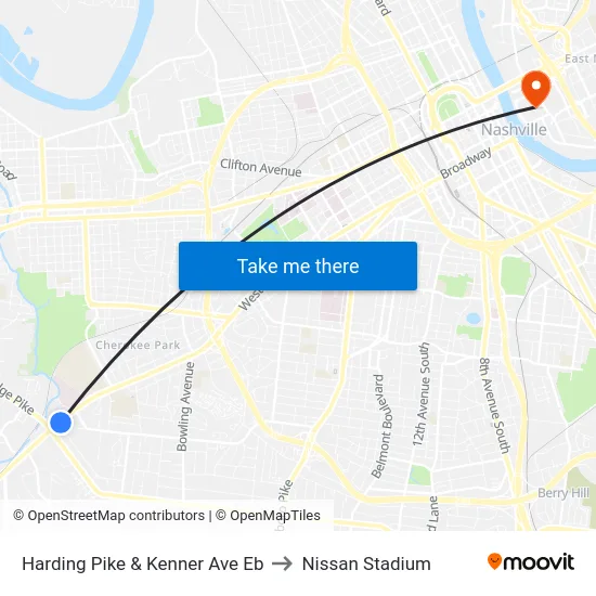 Harding Pike & Kenner Ave Eb to Nissan Stadium map