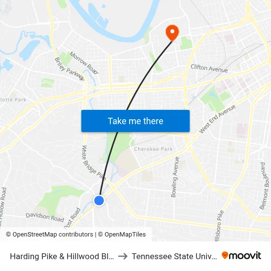 Harding Pike & Hillwood Blvd Wb to Tennessee State University map