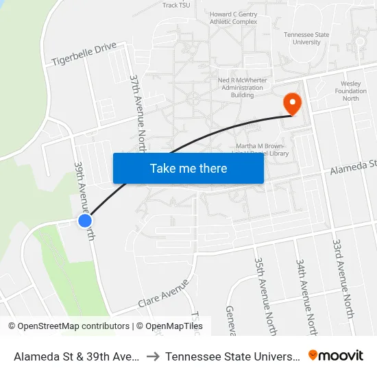 Alameda St & 39th Ave N to Tennessee State University map