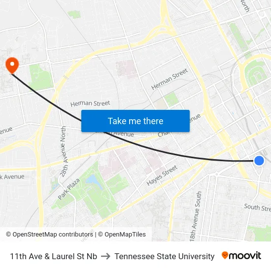 11th Ave & Laurel St Nb to Tennessee State University map