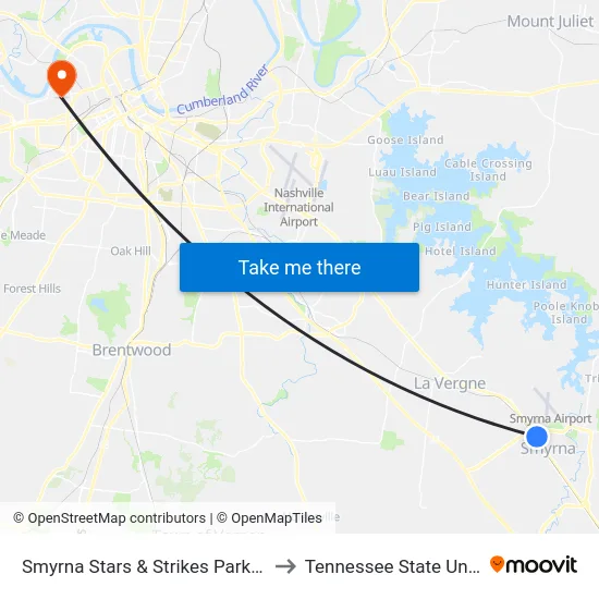 Smyrna Stars & Strikes Park And Ride to Tennessee State University map