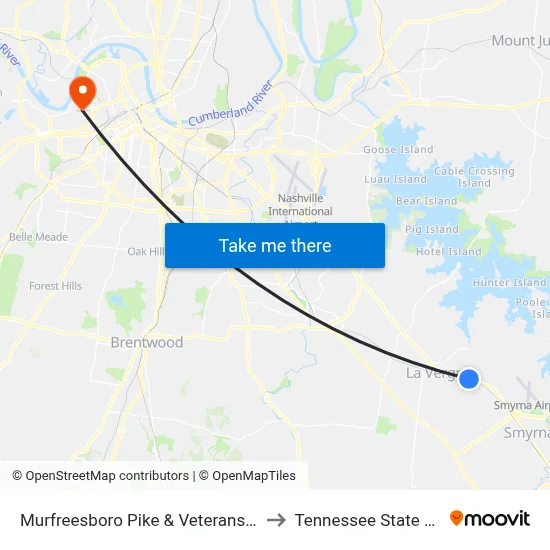 Murfreesboro Pike & Veterans Memorial Wb to Tennessee State University map