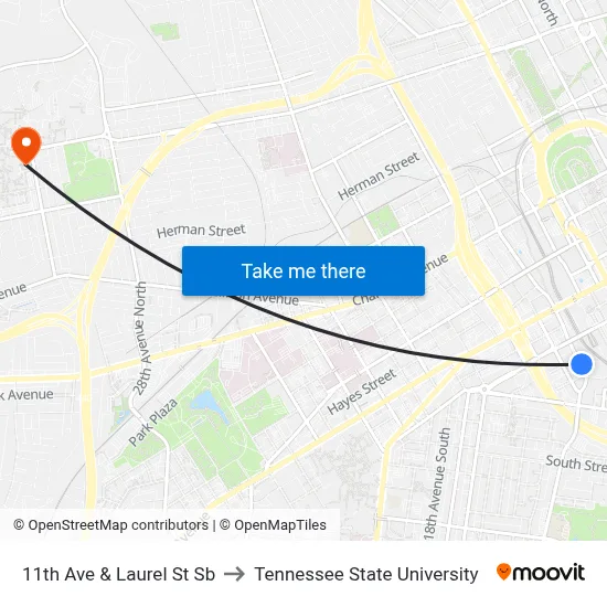 11th Ave & Laurel St Sb to Tennessee State University map