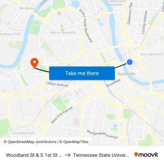 Woodland St & S 1st St Eb to Tennessee State University map