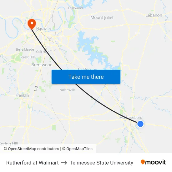 Rutherford at Walmart to Tennessee State University map
