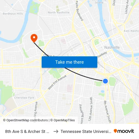 8th Ave S & Archer St Nb to Tennessee State University map