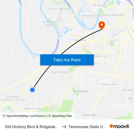 Old Hickory Blvd &  Ridgelake Pkwy Nb to Tennessee State University map