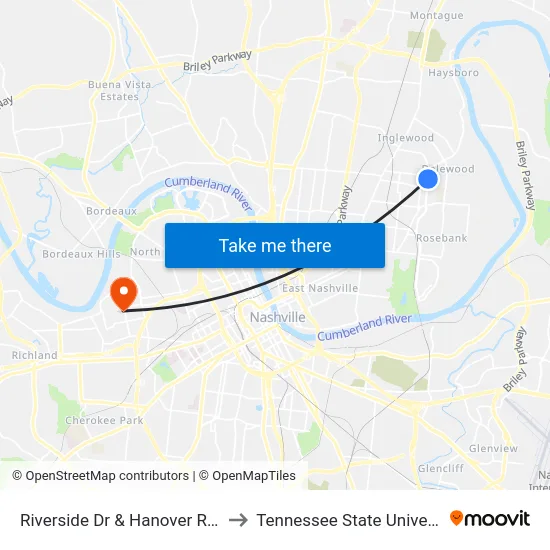 Riverside Dr & Hanover Rd Sb to Tennessee State University map