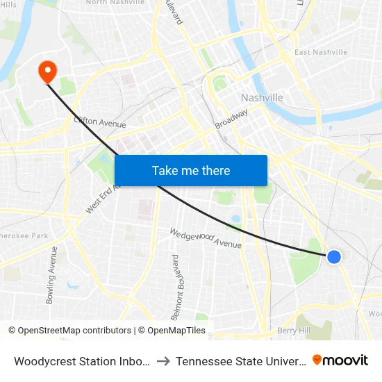 Woodycrest Station Inbound to Tennessee State University map