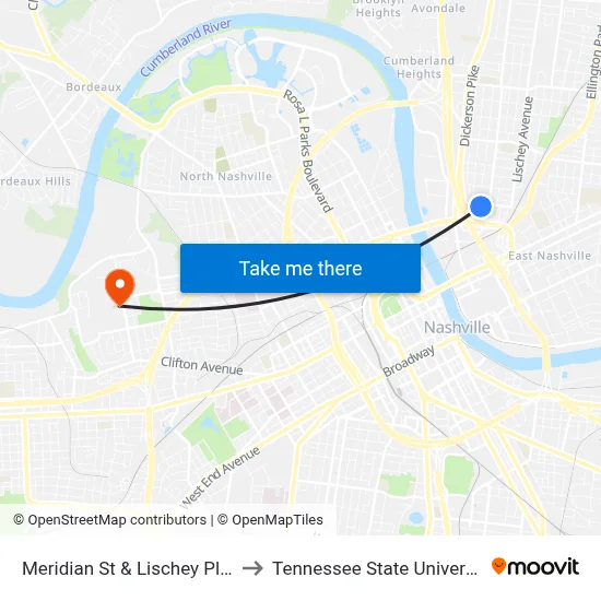 Meridian St & Lischey Pl Eb to Tennessee State University map