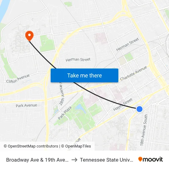 Broadway Ave & 19th Ave S Eb to Tennessee State University map