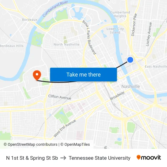 N 1st St & Spring St Sb to Tennessee State University map