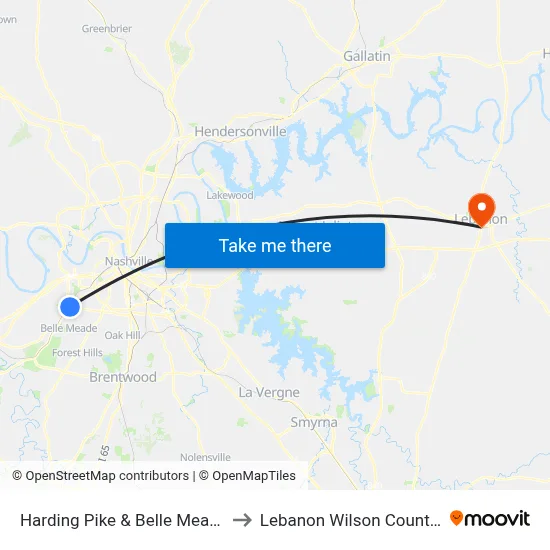 Harding Pike & Belle Meade Blvd Nb to Lebanon Wilson County TN USA map