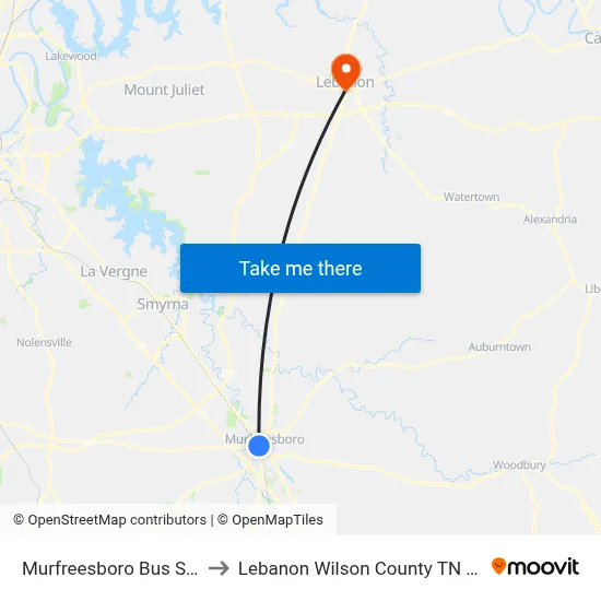 Murfreesboro Bus Stop to Lebanon Wilson County TN USA map