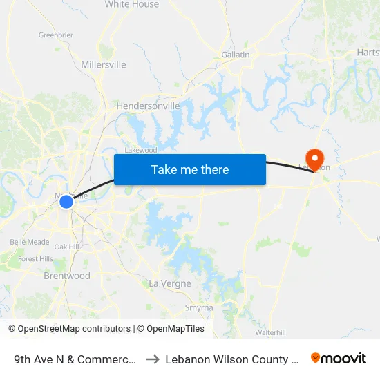 9th Ave N & Commerce St Sb to Lebanon Wilson County TN USA map