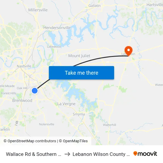 Wallace Rd & Southern Hills Eb to Lebanon Wilson County TN USA map