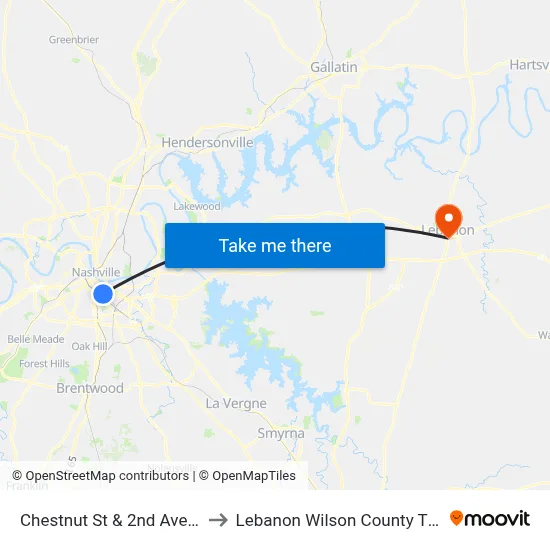 Chestnut St & 2nd Ave S Wb to Lebanon Wilson County TN USA map