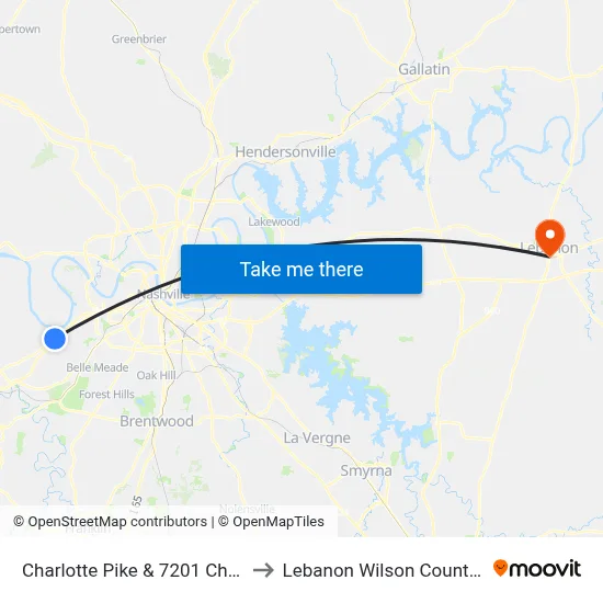Charlotte Pike & 7201 Charlotte Pik to Lebanon Wilson County TN USA map
