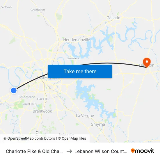 Charlotte Pike & Old Charlotte Pike to Lebanon Wilson County TN USA map