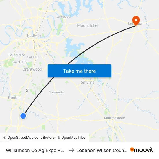 Williamson Co Ag Expo Park And Ride to Lebanon Wilson County TN USA map