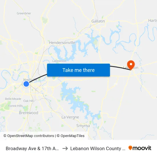 Broadway Ave & 17th Ave S Wb to Lebanon Wilson County TN USA map