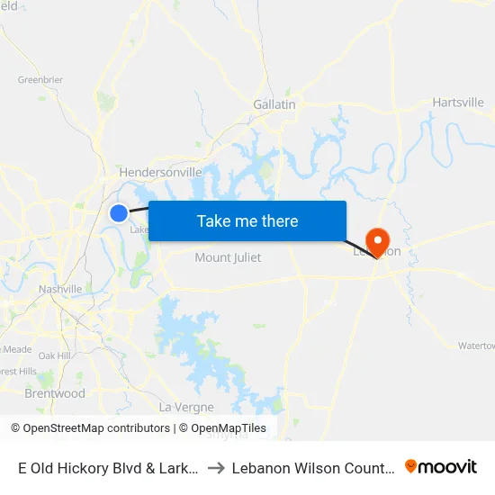 E Old Hickory Blvd & Larkin Springs to Lebanon Wilson County TN USA map