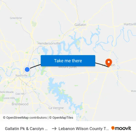 Gallatin Pk & Carolyn Ave Sb to Lebanon Wilson County TN USA map