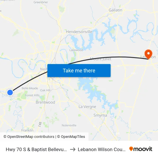 Hwy 70 S & Baptist Bellevue Medical Wb to Lebanon Wilson County TN USA map