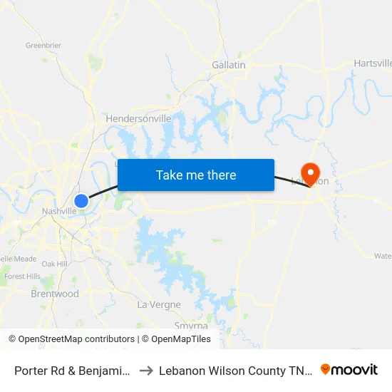 Porter Rd & Benjamin Sb to Lebanon Wilson County TN USA map