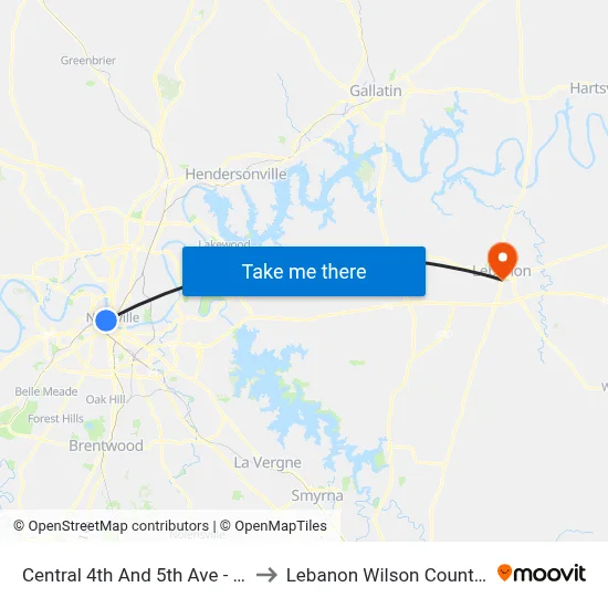 Central 4th And 5th Ave - Bays 2, 18 to Lebanon Wilson County TN USA map