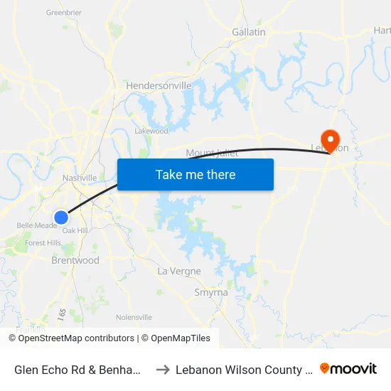 Glen Echo Rd & Benham Ave Eb to Lebanon Wilson County TN USA map