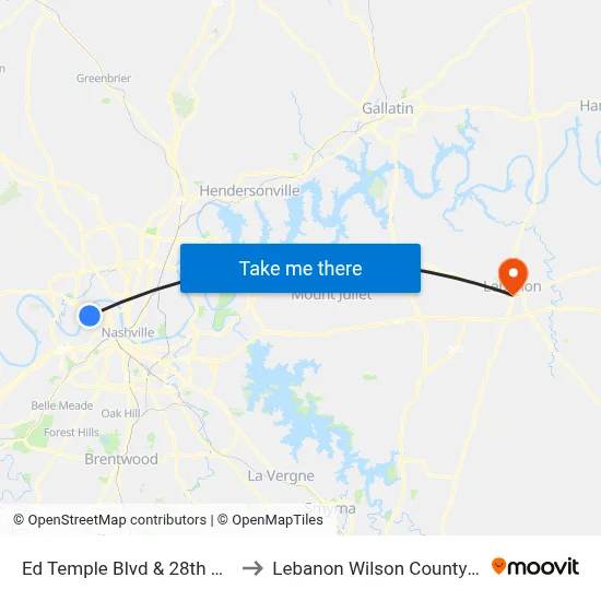 Ed Temple Blvd & 28th Ave N Nb to Lebanon Wilson County TN USA map
