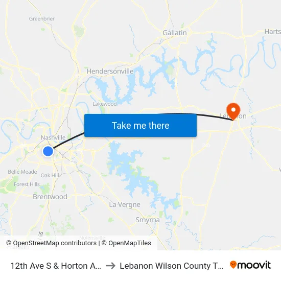 12th Ave S & Horton Ave Sb to Lebanon Wilson County TN USA map