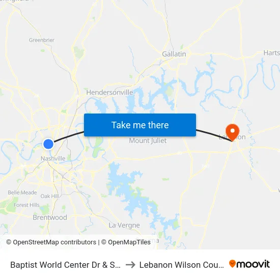 Baptist World Center Dr & Seminary St Nb to Lebanon Wilson County TN USA map