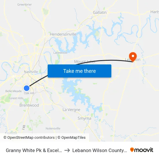 Granny White Pk & Excella Pl MB to Lebanon Wilson County TN USA map