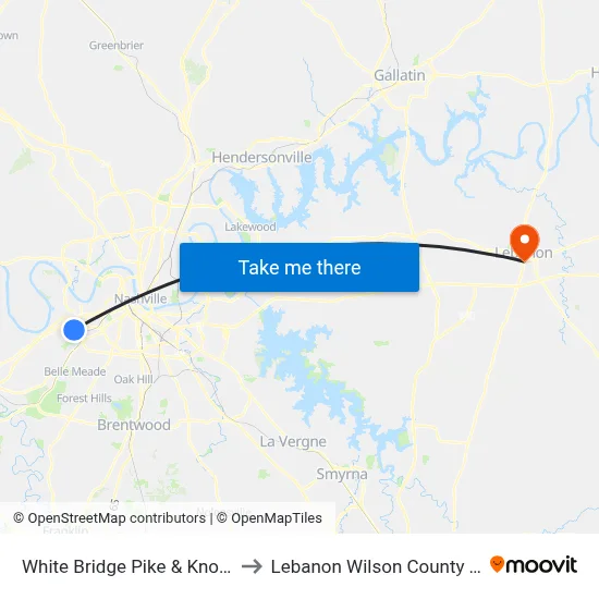 White Bridge Pike & Knob Rd Nb to Lebanon Wilson County TN USA map
