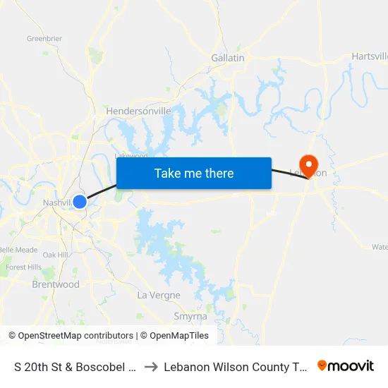 S 20th St & Boscobel St Nb to Lebanon Wilson County TN USA map