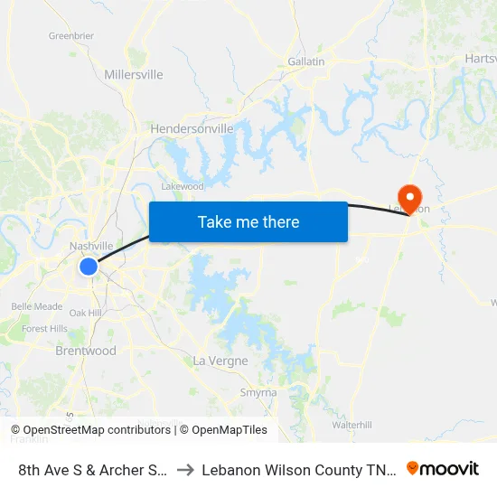 8th Ave S & Archer St Nb to Lebanon Wilson County TN USA map