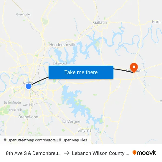 8th Ave S & Demonbreun St Sb to Lebanon Wilson County TN USA map