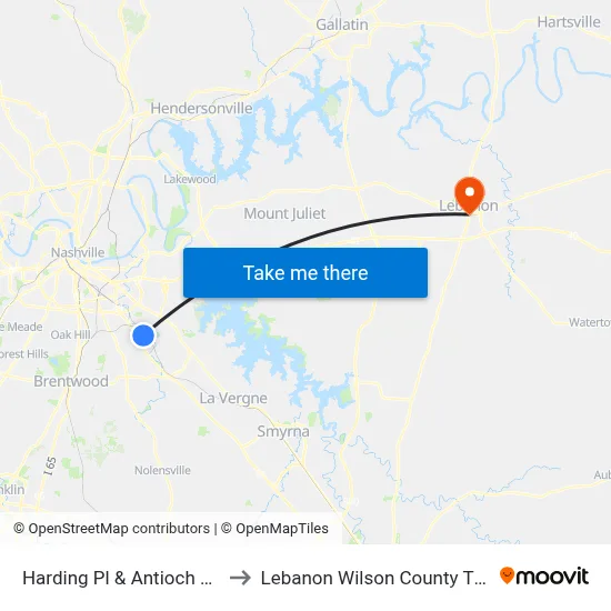 Harding Pl & Antioch Pk Wb to Lebanon Wilson County TN USA map