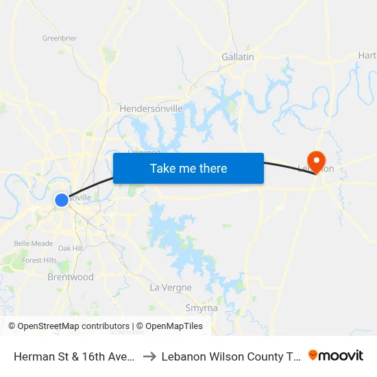 Herman St & 16th Ave N Wb to Lebanon Wilson County TN USA map