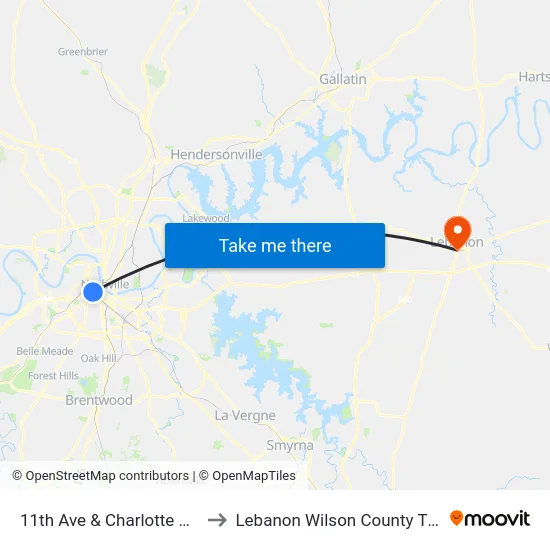 11th Ave & Charlotte Ave Sb to Lebanon Wilson County TN USA map