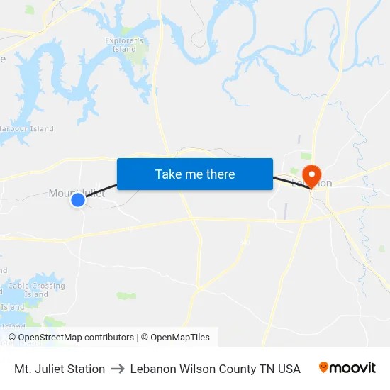 Mt. Juliet Station to Lebanon Wilson County TN USA map