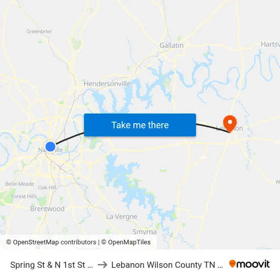 Spring St & N 1st St Wb to Lebanon Wilson County TN USA map