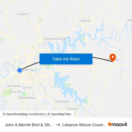 John A Merritt Blvd & 28th Ave N Eb to Lebanon Wilson County TN USA map
