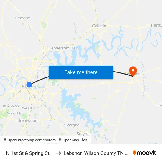 N 1st St & Spring St Sb to Lebanon Wilson County TN USA map