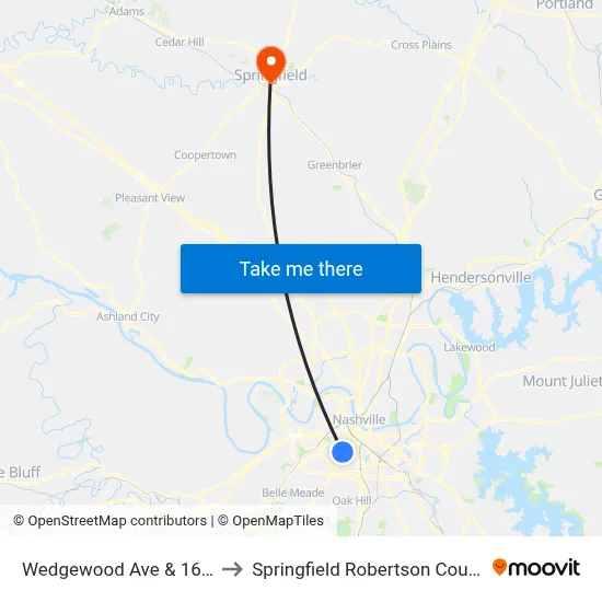 Wedgewood Ave & 16th Ave Eb to Springfield Robertson County TN USA map