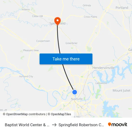 Baptist World Center & Seminary Sb to Springfield Robertson County TN USA map