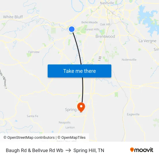 Baugh Rd & Bellvue Rd Wb to Spring Hill, TN map